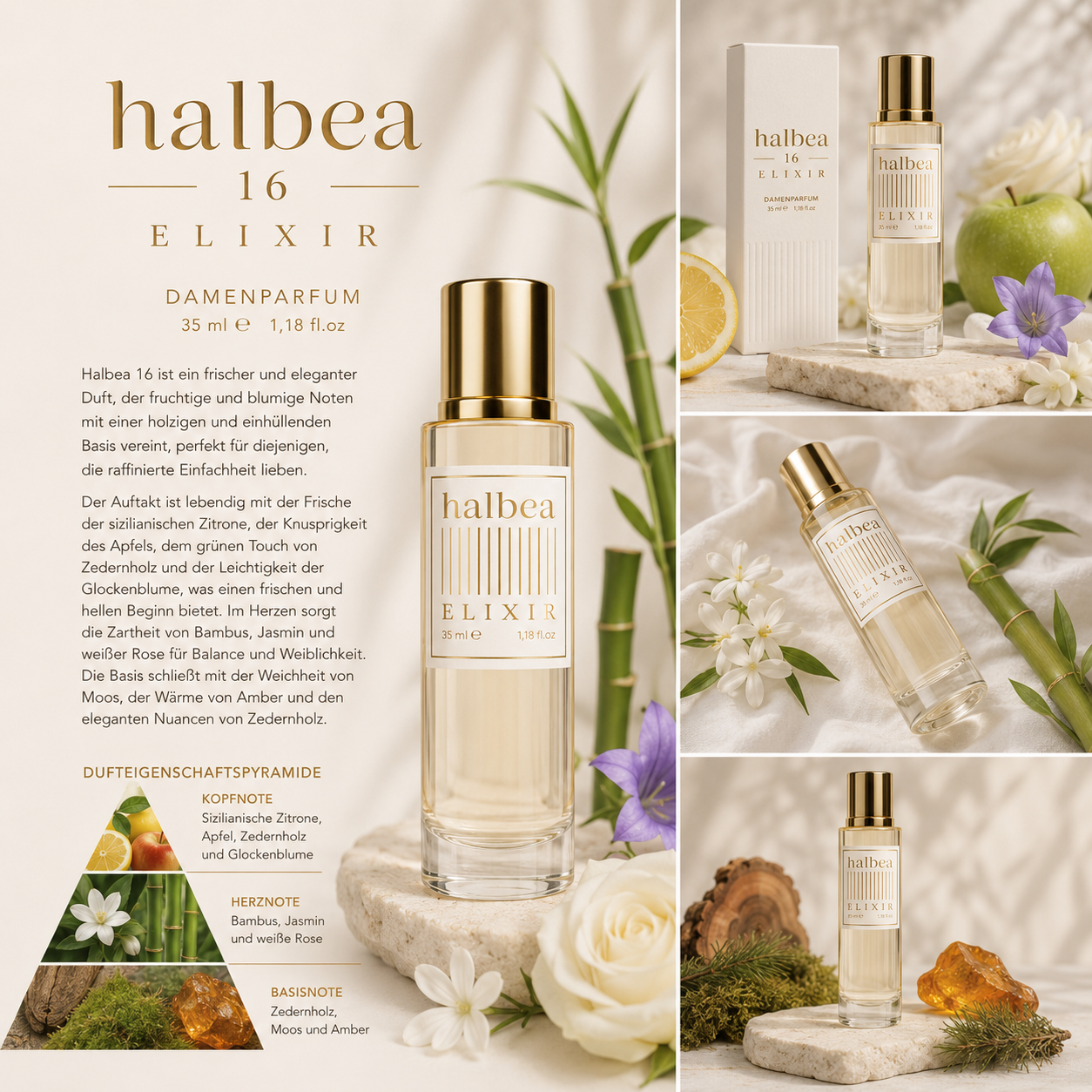 Halbea 16 Elixir Damenparfum 35ml - Eleganter Duft mit Sizilianischer Zitrone und Zedernholz für Raffinesse und Einfachheit