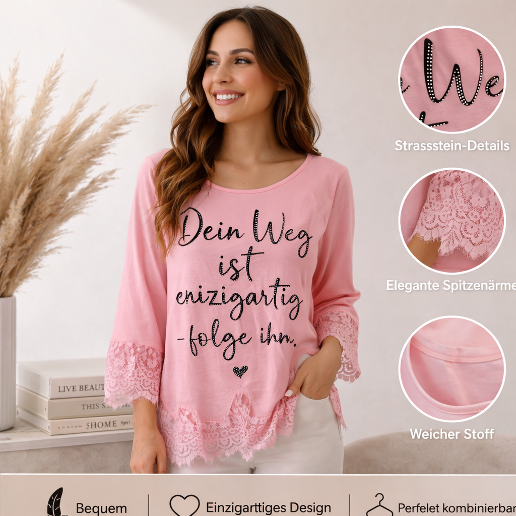 ✨ Statement Shirt mit Spitze & Strass ✨Dein Weg ist einzigartig – folge ihm 🤍