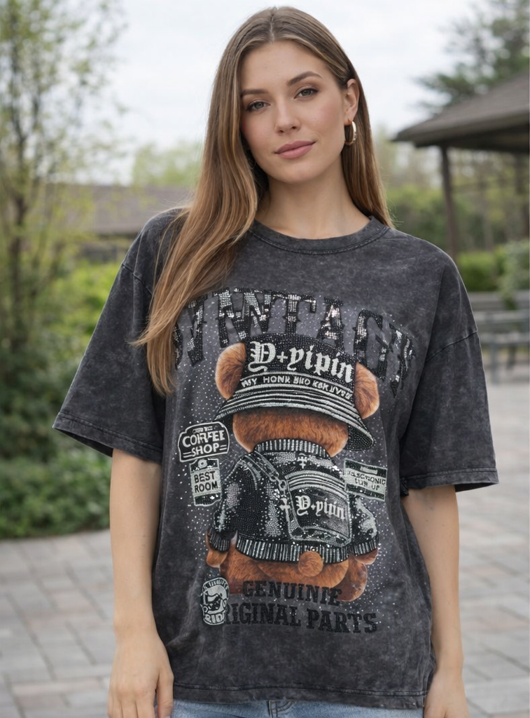 Statement Shirt „Vintage Teddy“ – Glitzer & Streetstyle Vibes