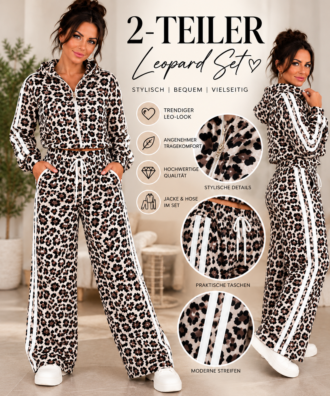 Leo 2-Teiler mit Kapuzenjacke & Wide-Leg-Hose – Sporty Chic