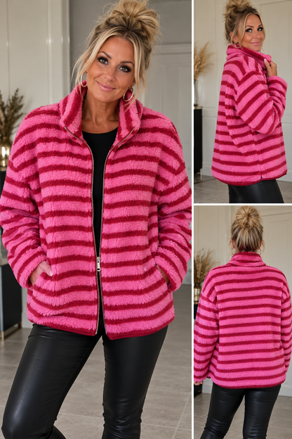 Kuschelige Teddyjacke mit Streifen – Pink/Bordeaux 💕