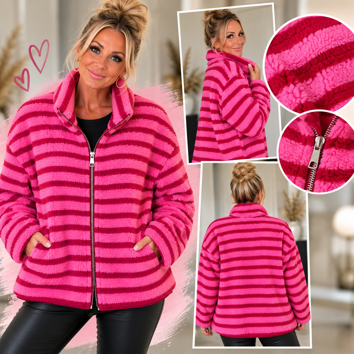 Kuschelige Teddyjacke mit Streifen – Pink/Bordeaux 💕