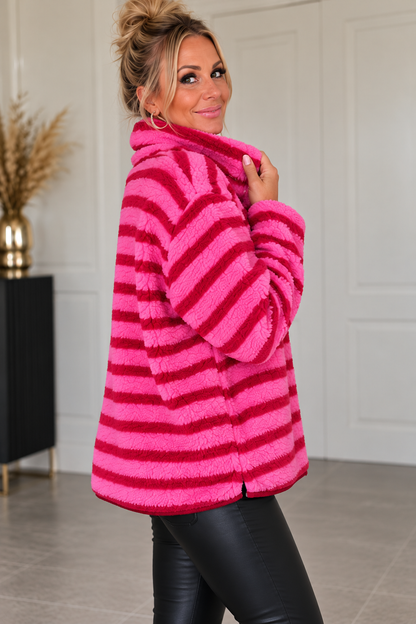 Kuschelige Teddyjacke mit Streifen – Pink/Bordeaux 💕