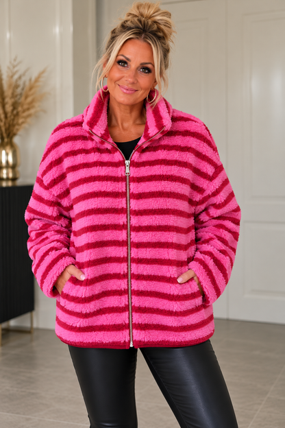 Kuschelige Teddyjacke mit Streifen – Pink/Bordeaux 💕