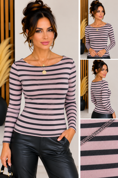 Damen Cashmere Langarmshirt mit Streifen – Rundhals – verschiedene Farben