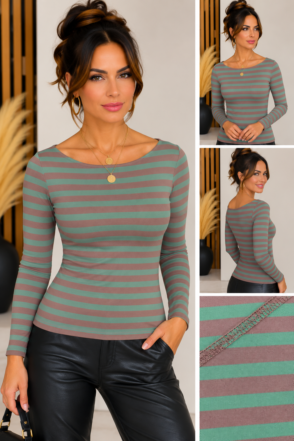 Damen Cashmere Langarmshirt mit Streifen – Rundhals – verschiedene Farben
