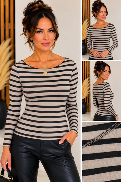Damen Cashmere Langarmshirt mit Streifen – Rundhals – verschiedene Farben