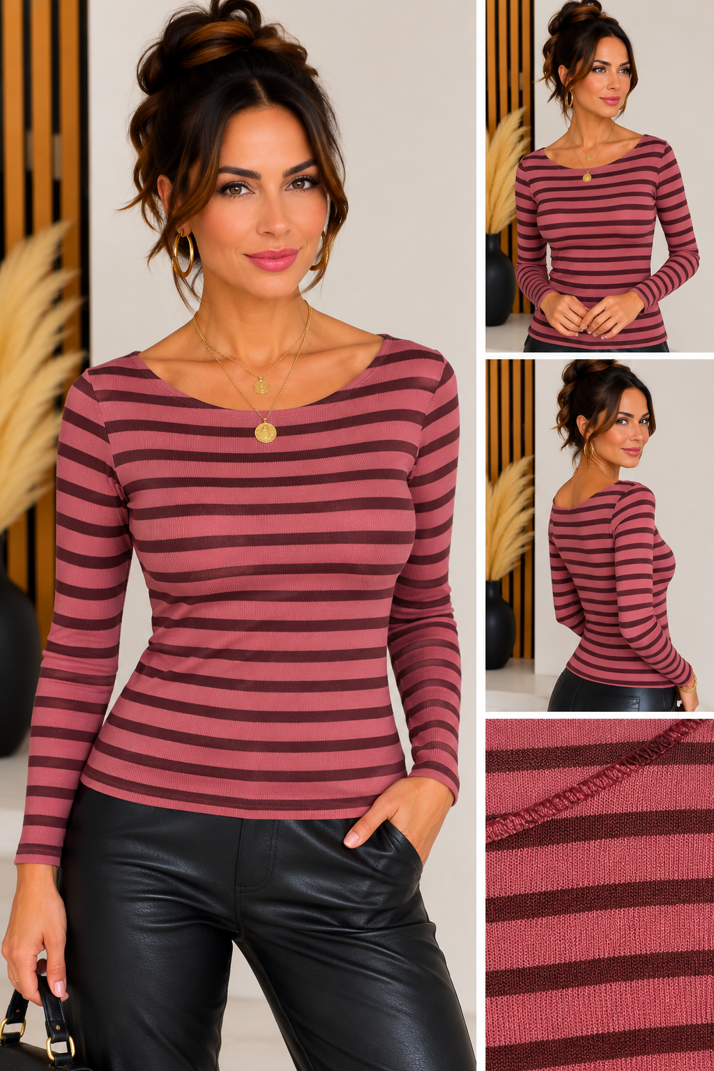 Damen Cashmere Langarmshirt mit Streifen – Rundhals – verschiedene Farben