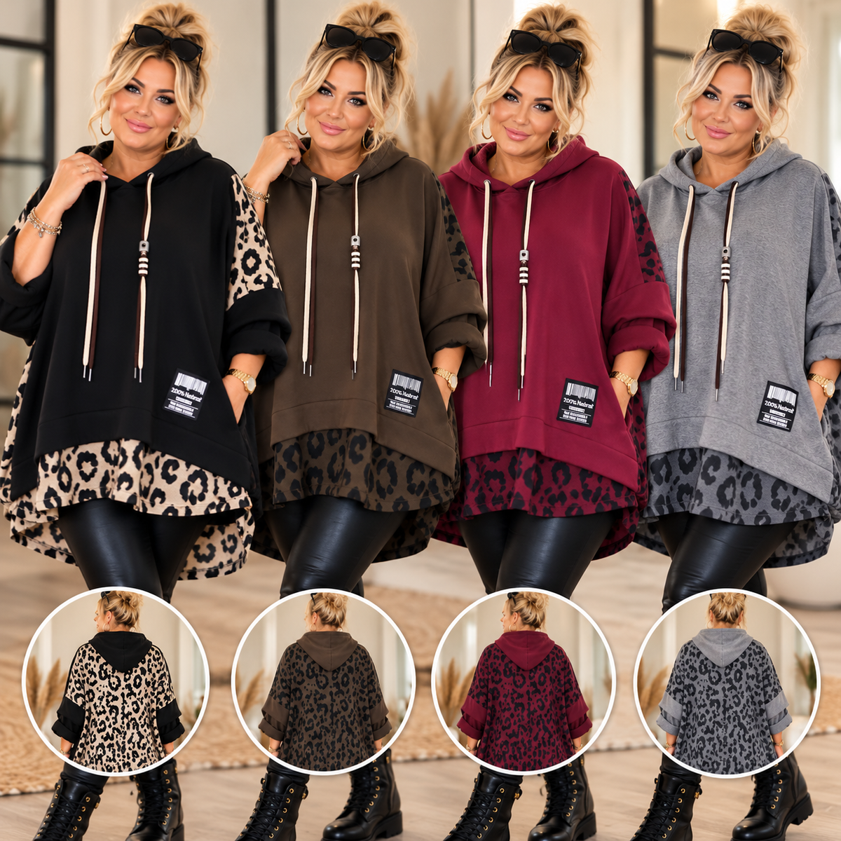 Curvy Oversize Hoodie mit Leo-Print – Lagenlook | 4 Farben