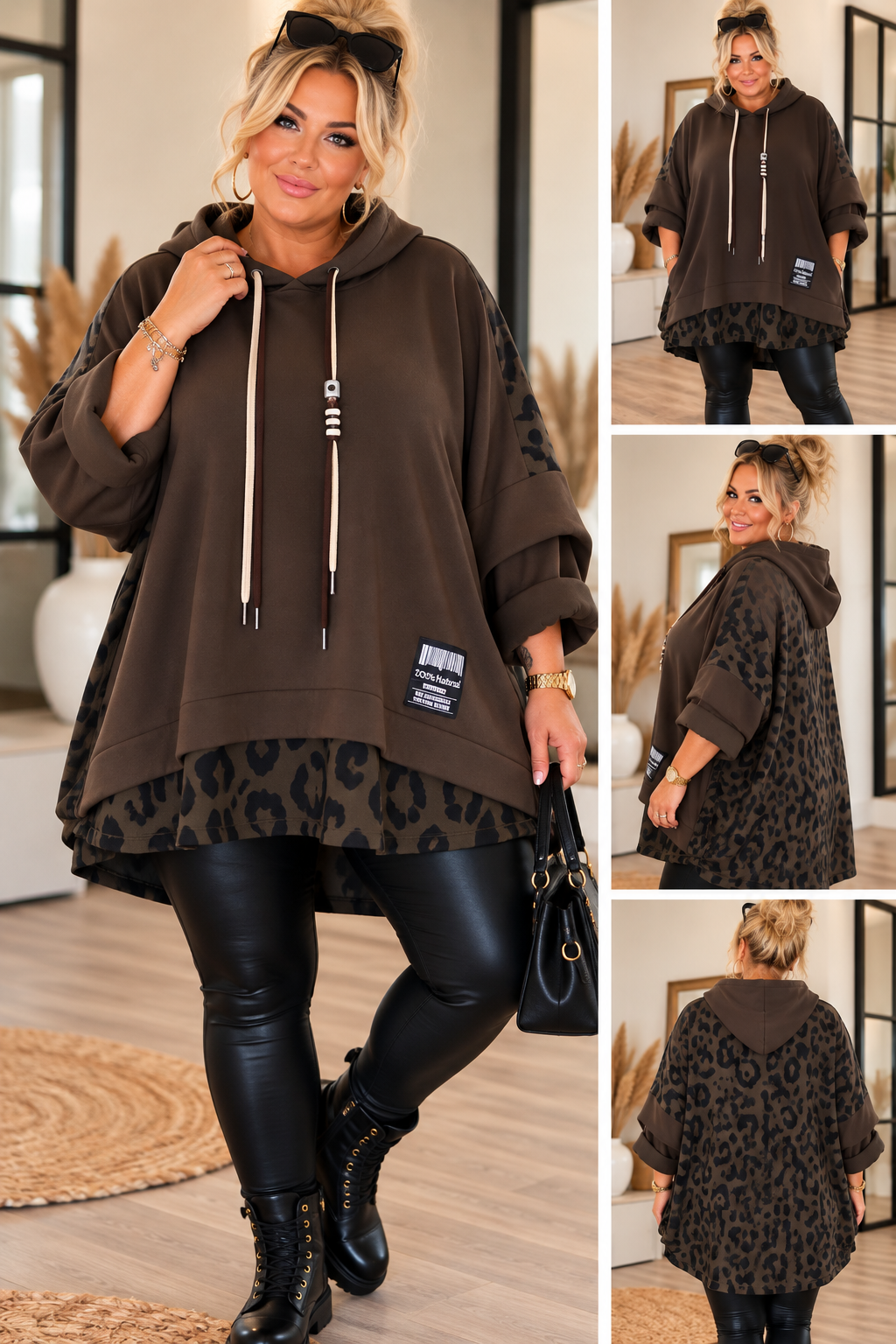 Curvy Oversize Hoodie mit Leo-Print – Lagenlook | 4 Farben