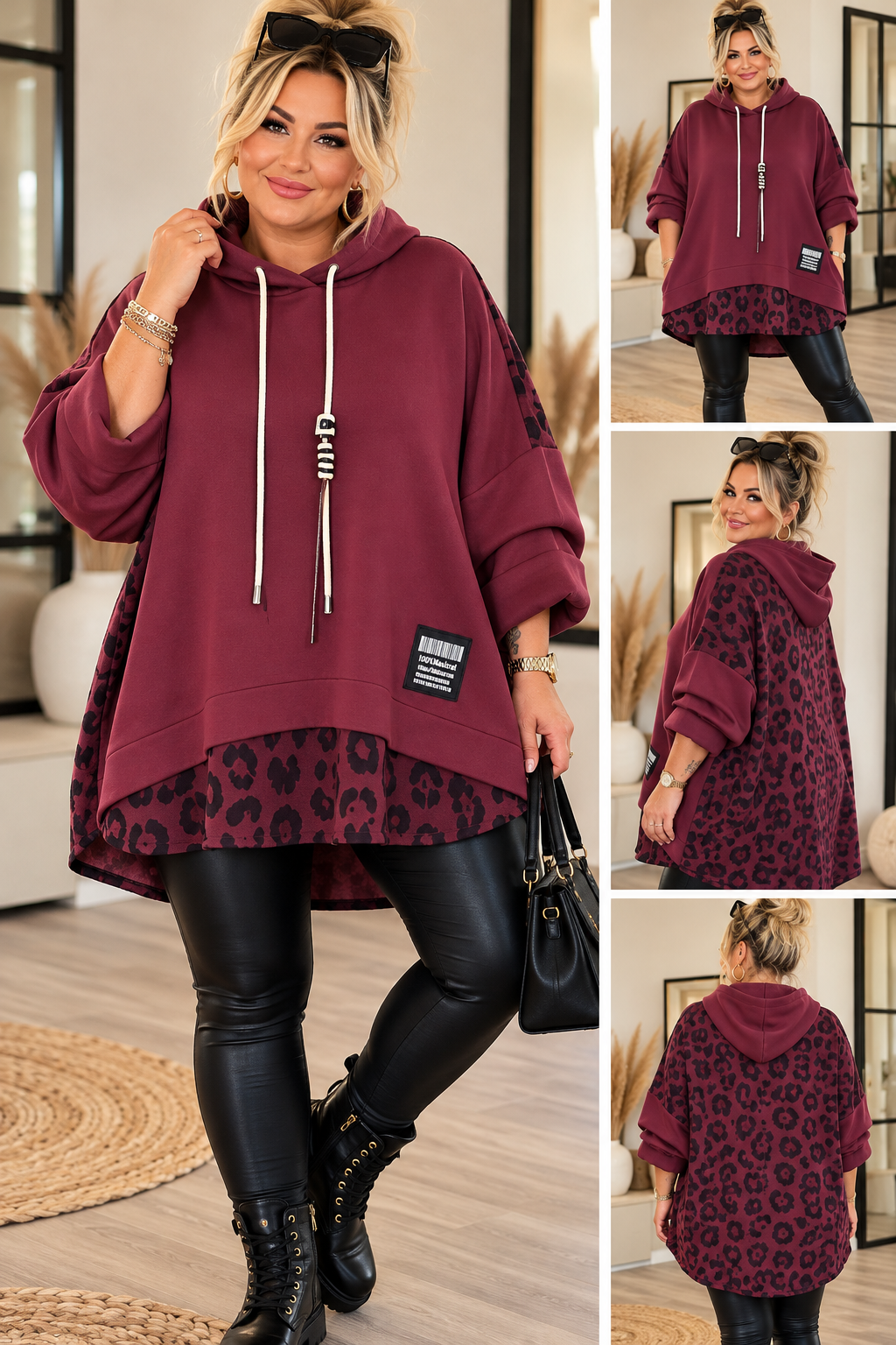 Curvy Oversize Hoodie mit Leo-Print – Lagenlook | 4 Farben