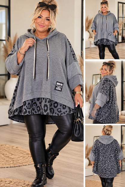 Curvy Oversize Hoodie mit Leo-Print – Lagenlook | 4 Farben