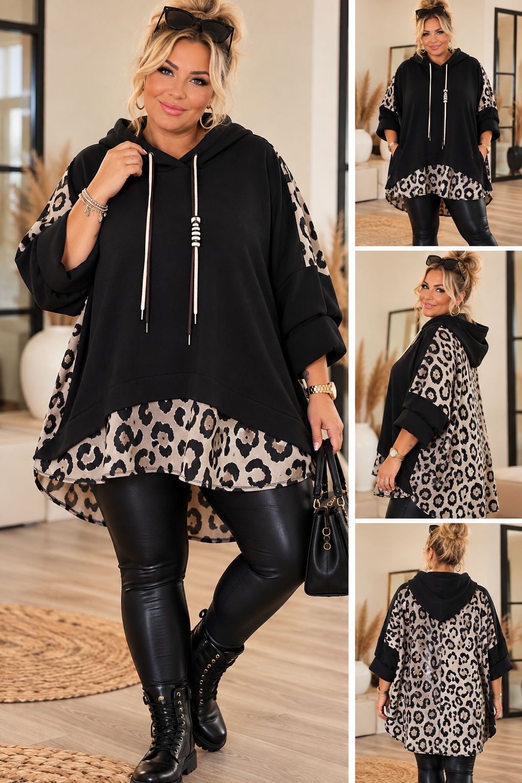 Curvy Oversize Hoodie mit Leo-Print – Lagenlook | 4 Farben