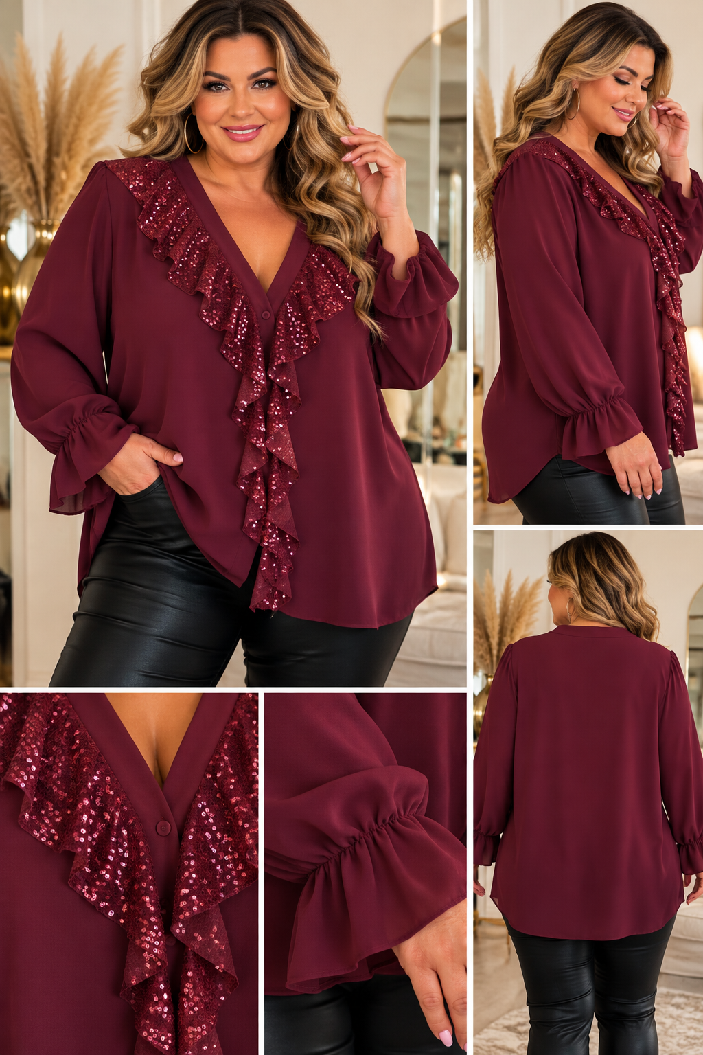 ✨ Curvy Glamour Bluse mit Pailletten-Volants – Made in Italy