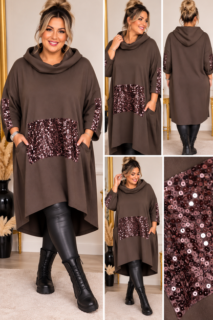 Curvy Longhoodie mit Pailletten & Kapuze – Oversize Hoodie-Kleid | Vokuhila