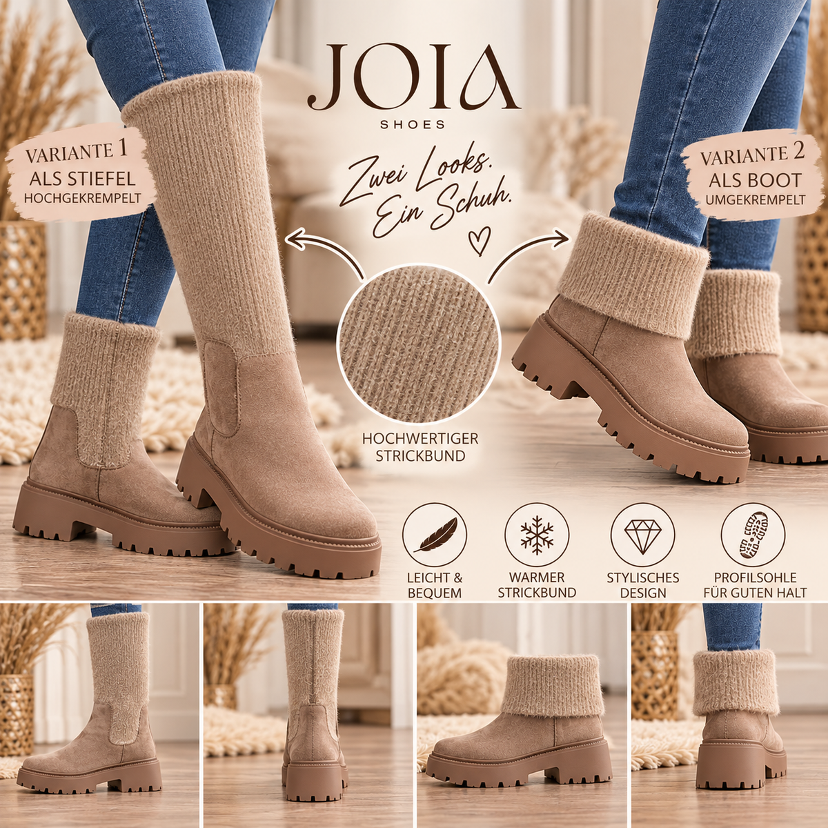 Damen Winterboots 2-in-1 mit Strickschaft | Taupe | Gr. 36–41
