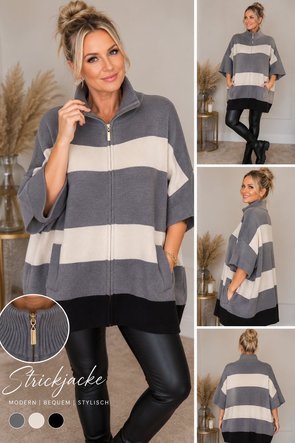 MILA – Oversize Strickjacke mit Reißverschluss – 3 Farben