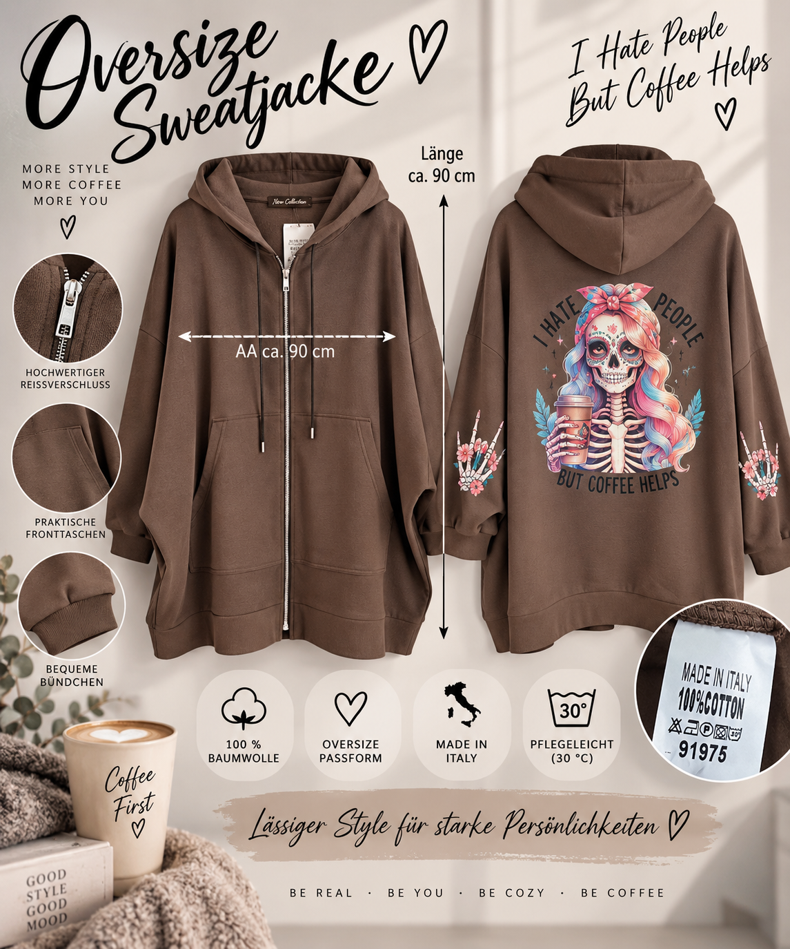 Oversize Sweatjacke „Coffee Girl“ – 100 % Baumwolle | Made in Italy