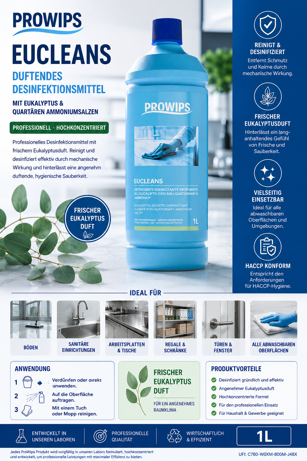 ProWips Eucleans – Duftendes Desinfektionsmittel mit Eukalyptus (1 L)