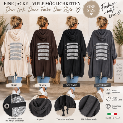 Oversize Überziehjacke mit Kapuze & Pailletten-Detail – Made in Italy