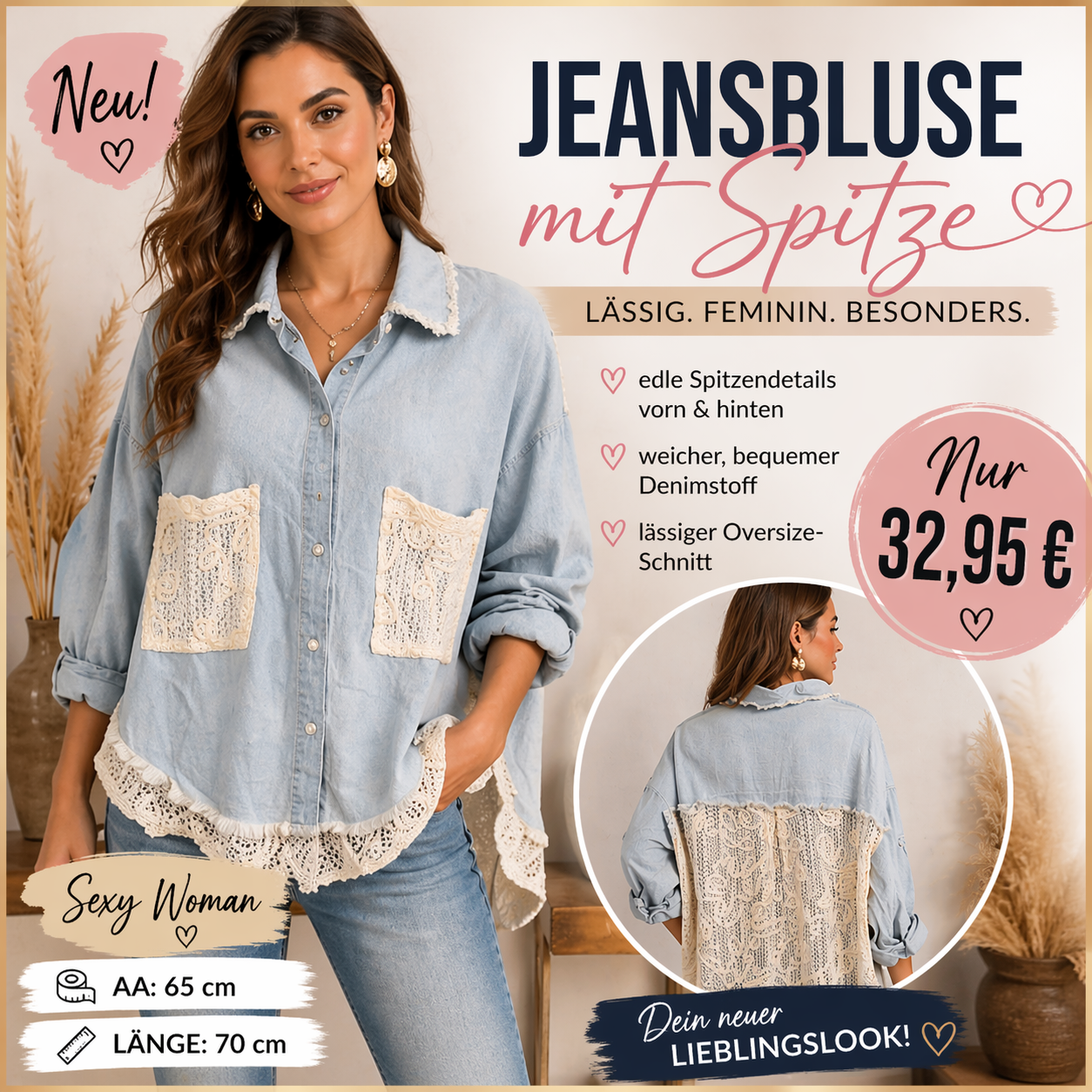 Jeansbluse „Lace Denim Chic“ – by Sexy Woman