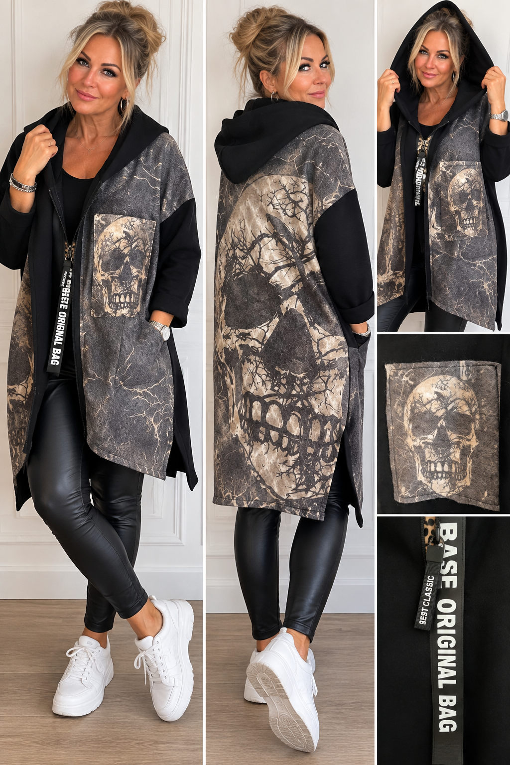 Oversize Longmantel mit Kapuze & Statement-Print – Made in Italy