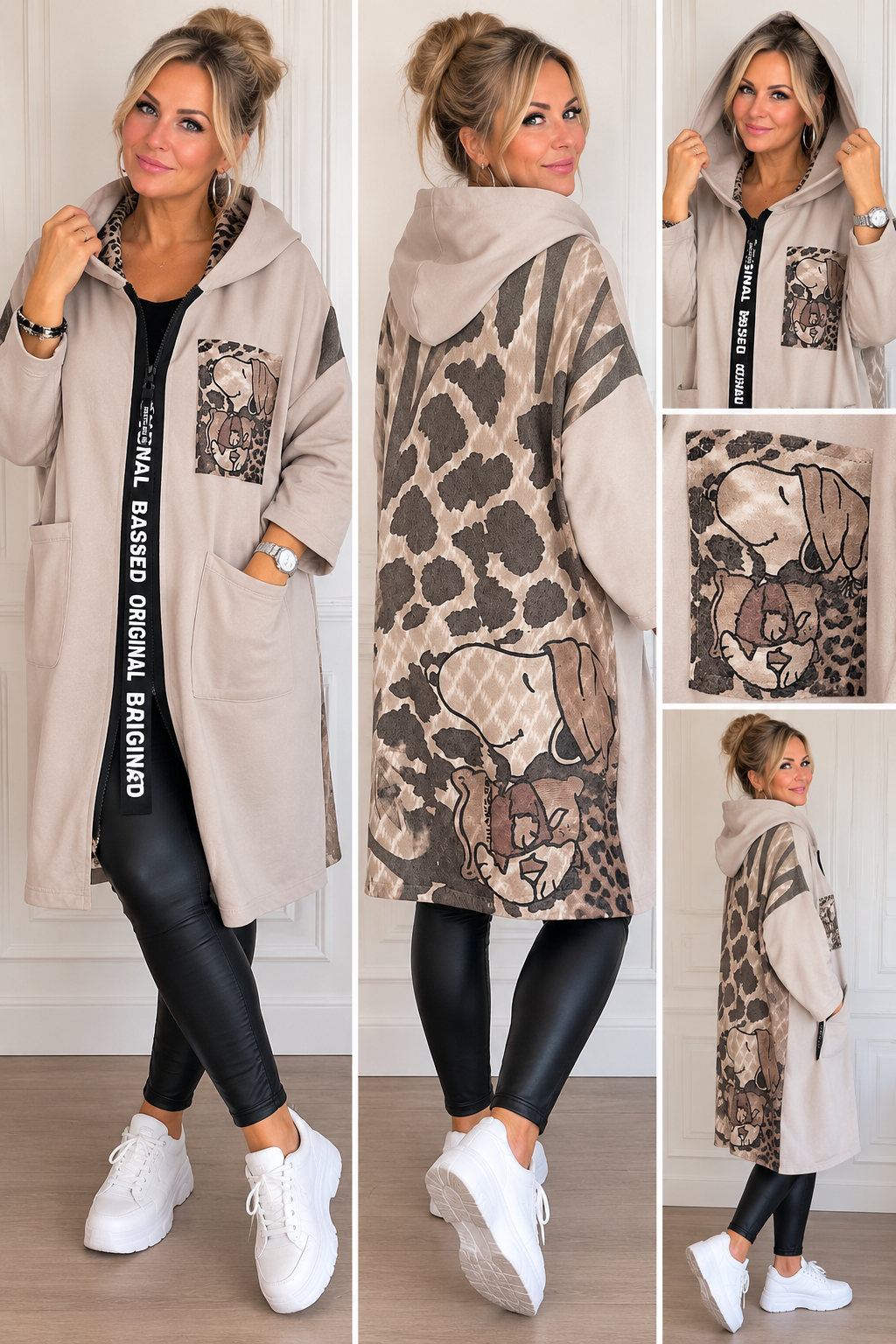 Oversize Longmantel mit Kapuze & Statement-Print – Made in Italy