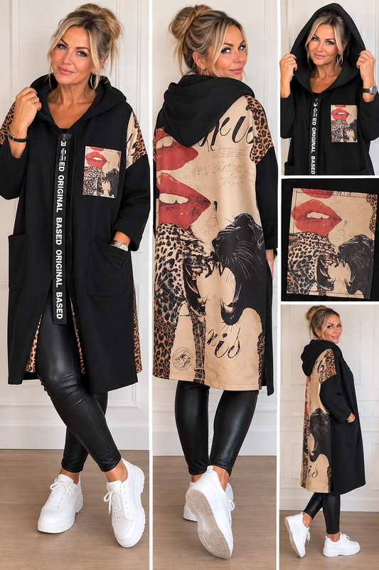 Oversize Longmantel mit Kapuze & Statement-Print – Made in Italy