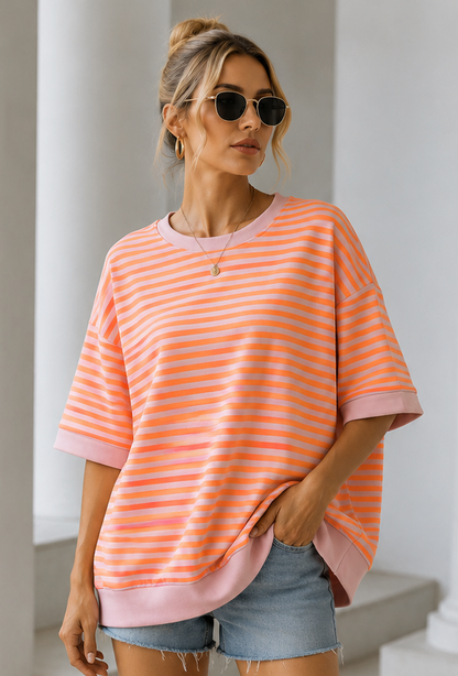 Oversize Kurzarm-Sweatshirt – Streifenliebe trifft Komfort