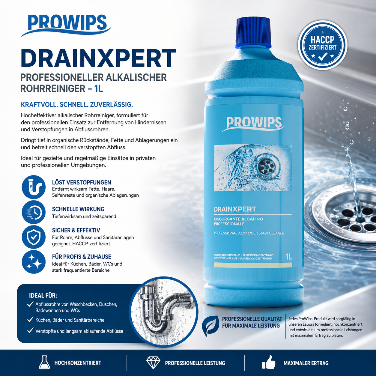 ProWips DrainXpert – Professioneller alkalischer Rohrreiniger 1 Liter