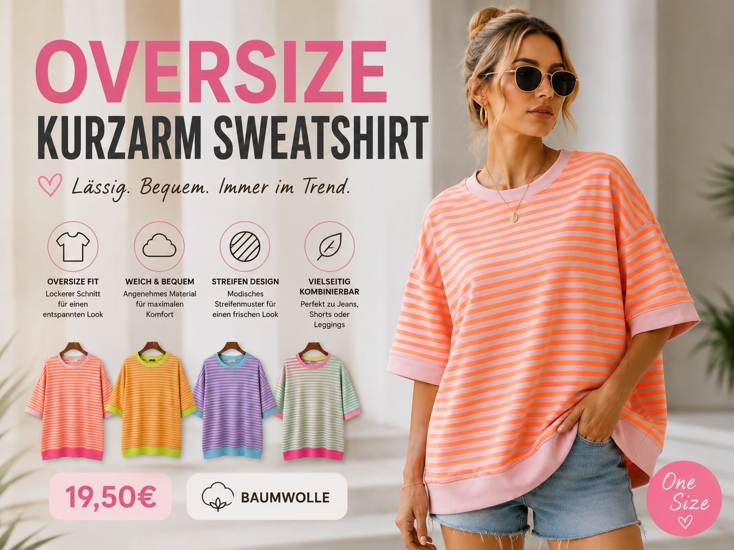 Oversize Kurzarm-Sweatshirt – Streifenliebe trifft Komfort