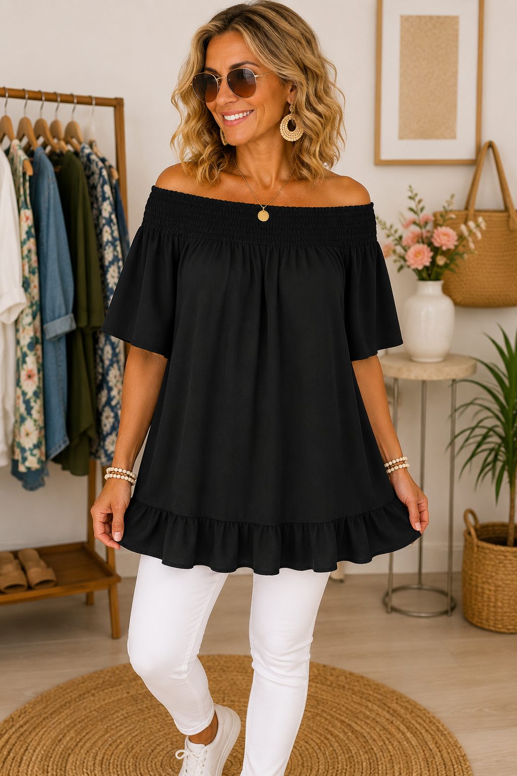 Off-Shoulder Bluse mit Volant – Luftig & Feminin