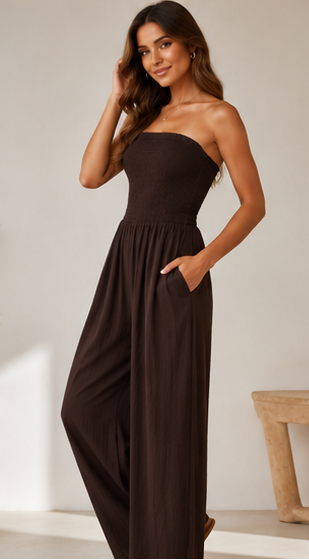 Eleganter Bandeau Jumpsuit aus Viskosemischung – Marineblau oder Braun