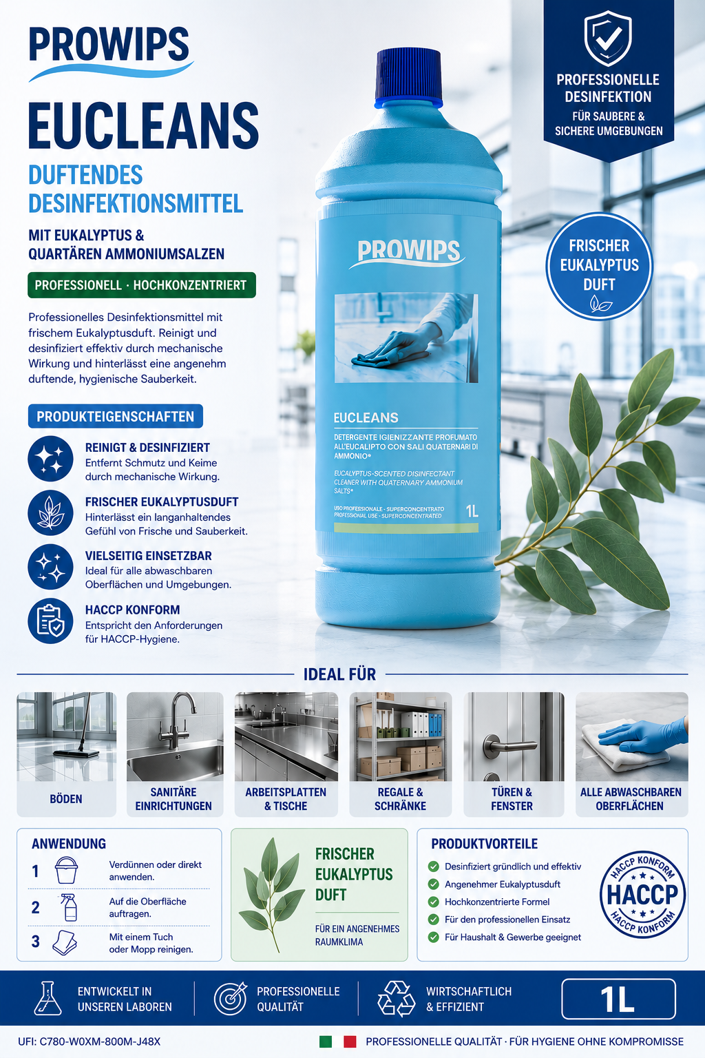 ProWips Eucleans – Duftendes Desinfektionsmittel mit Eukalyptus (1 L)