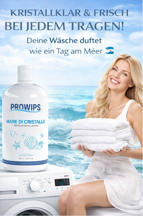 Prowips Mare di Cristallo Waschmaschinen-Duft 50ml und 500ml - Ultrafrischer Maritimer Duft für Handtücher Bettwäsche & Alltagskleidung
