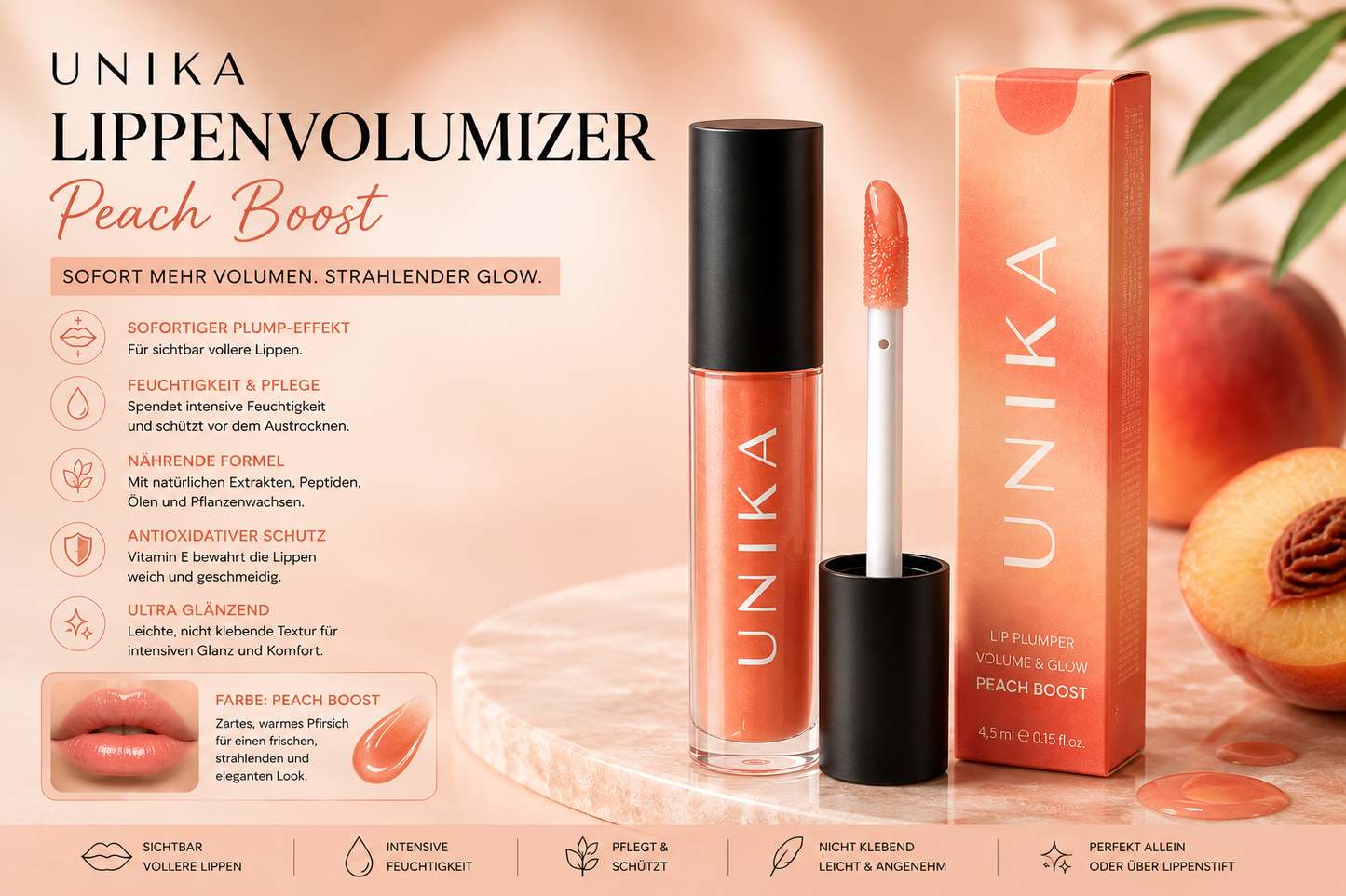 UNIKA Lippenvolumizer „Peach Boost“ – 4,5 ml