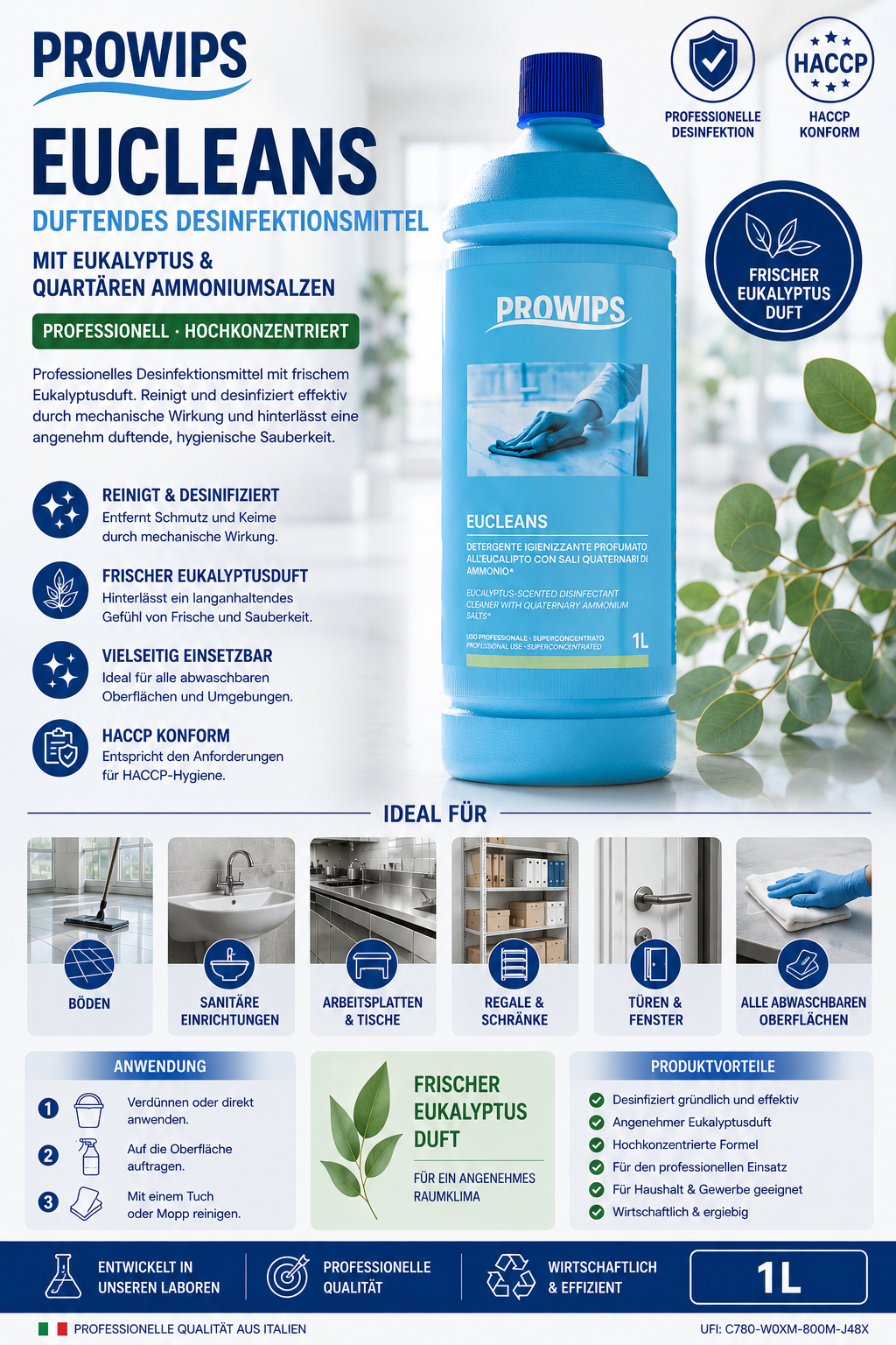 ProWips Eucleans – Duftendes Desinfektionsmittel mit Eukalyptus (1 L)