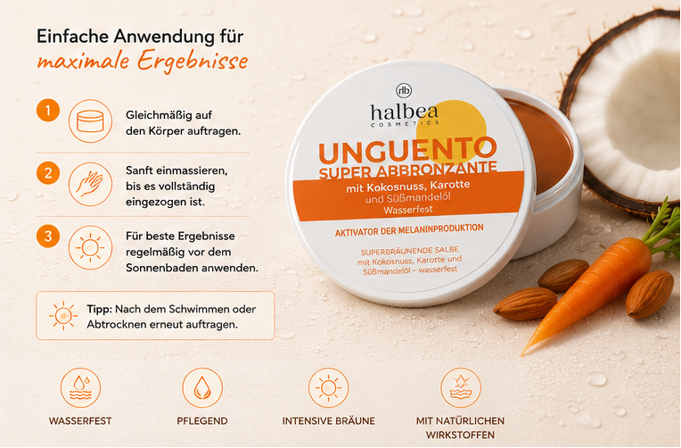 ☀️ Superbräunende Salbe mit Kokosnuss, Karotte & Süßmandelöl – 100 ml ☀️