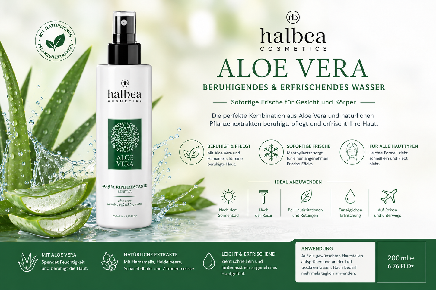 Aloe Vera Beruhigendes & Erfrischendes Wasser – 200 ml  🌿 Sofortige Frische für Gesicht und Körper