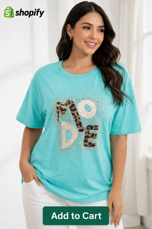 🌟 MODE T-Shirt – Oversize Statement Shirt mit Glitzer & Leo-Print 🌟