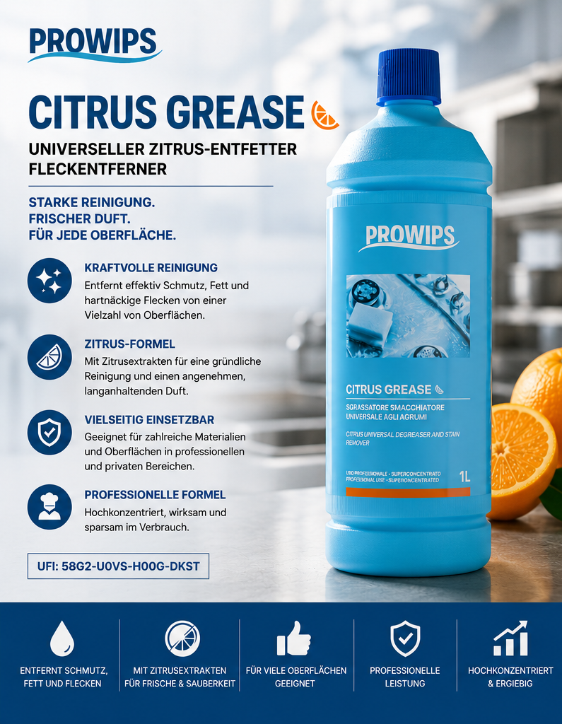 PROWIPS Citrus Grease – Universeller Zitrus-Entfetter & Fleckenentferner 1L