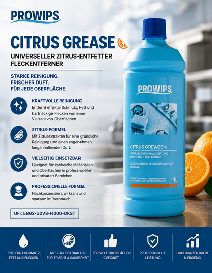 PROWIPS Citrus Grease – Universeller Zitrus-Entfetter & Fleckenentferner 1L