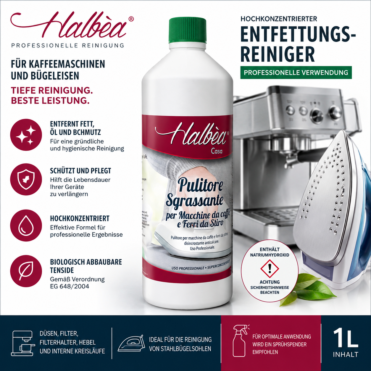 Halbea Pulitore Sgrassante – Professioneller Entfettungsreiniger für Kaffeemaschinen & Bügeleisen (1 L)