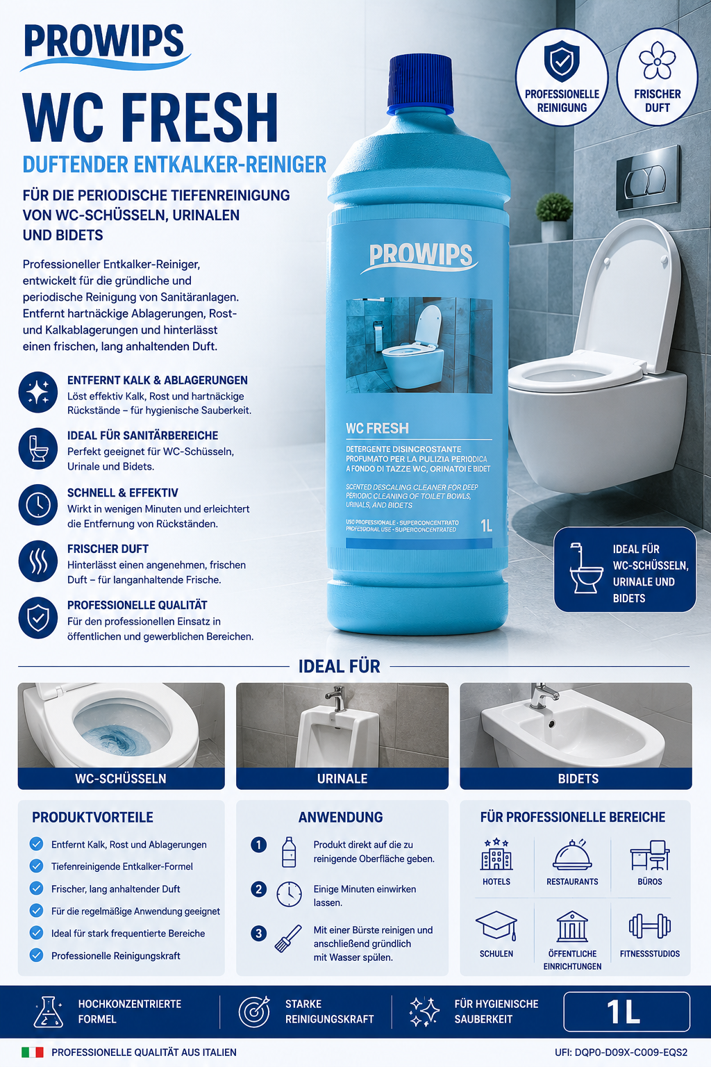 ProWips WC Fresh – Duftender Entkalker-Reiniger für WC, Urinale & Bidets (1 L)