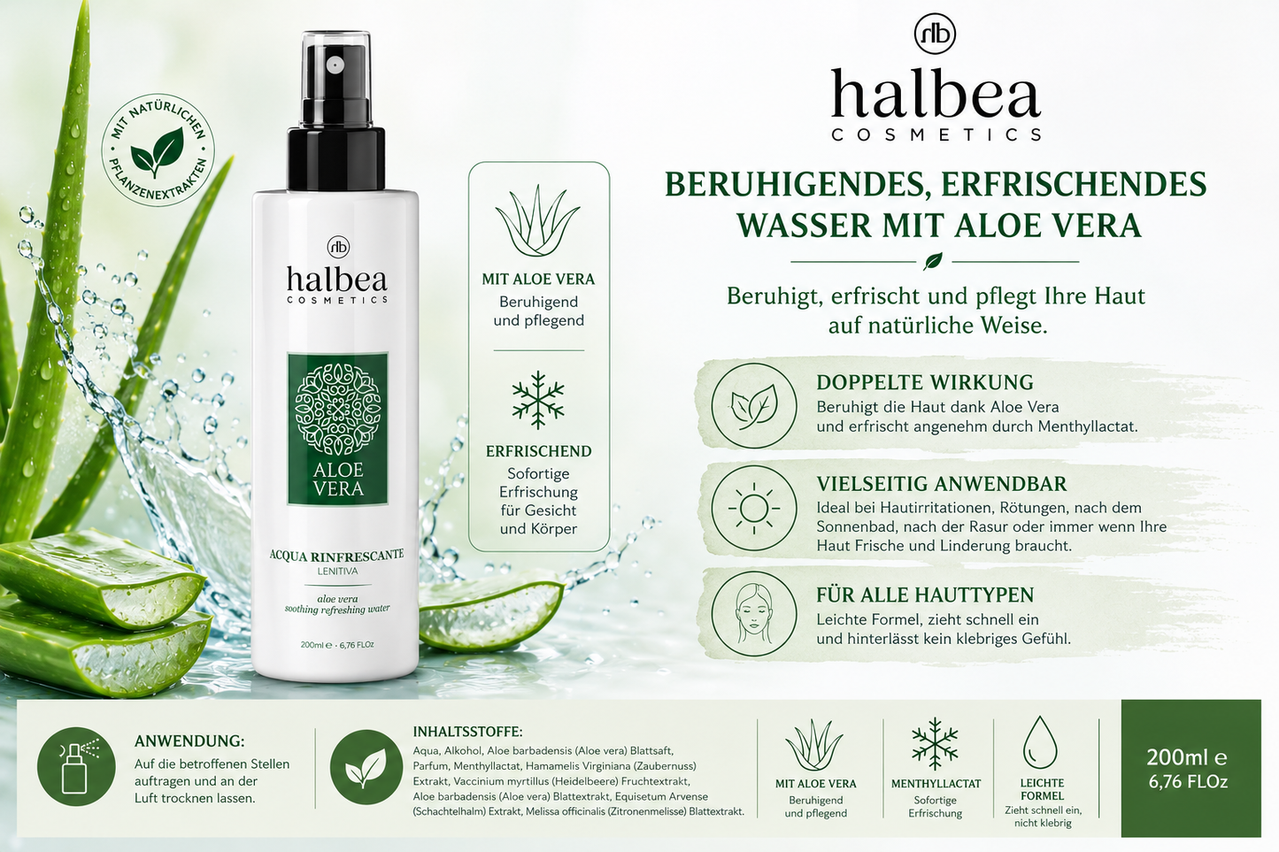 Aloe Vera Beruhigendes & Erfrischendes Wasser – 200 ml  🌿 Sofortige Frische für Gesicht und Körper