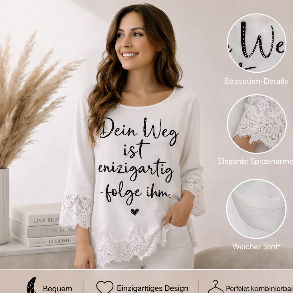 ✨ Statement Shirt mit Spitze & Strass ✨Dein Weg ist einzigartig – folge ihm 🤍