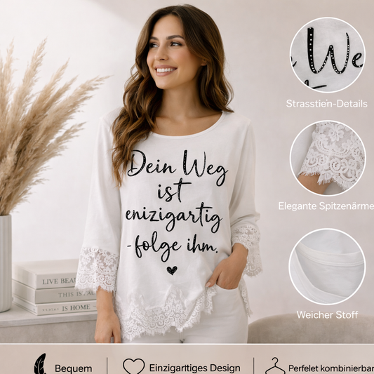 ✨ Statement Shirt mit Spitze & Strass ✨Dein Weg ist einzigartig – folge ihm 🤍