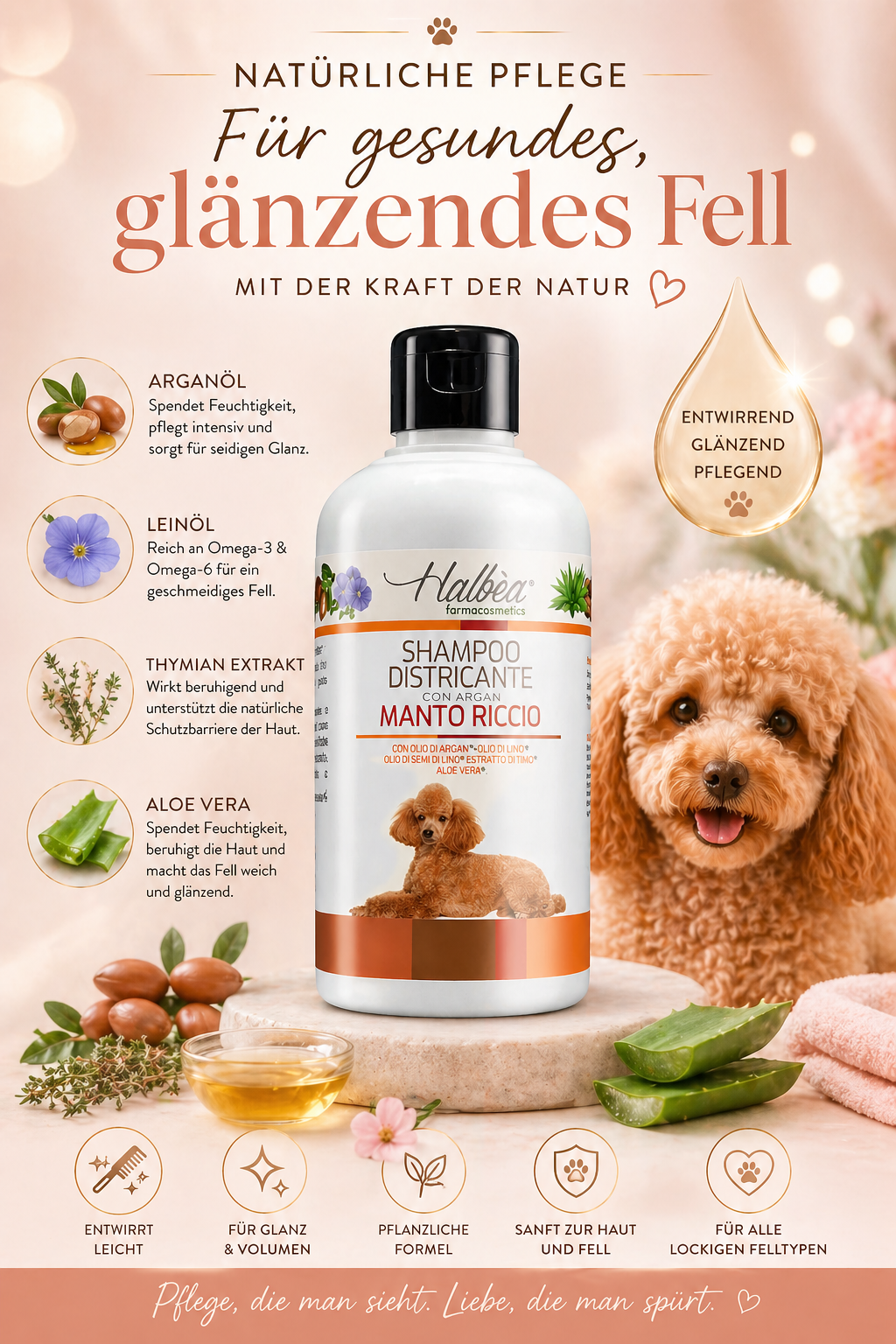 Entwirrendes Hundeshampoo für lockiges Fell mit Argan 500 ml