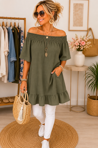 Off-Shoulder Bluse mit Volant – Luftig & Feminin