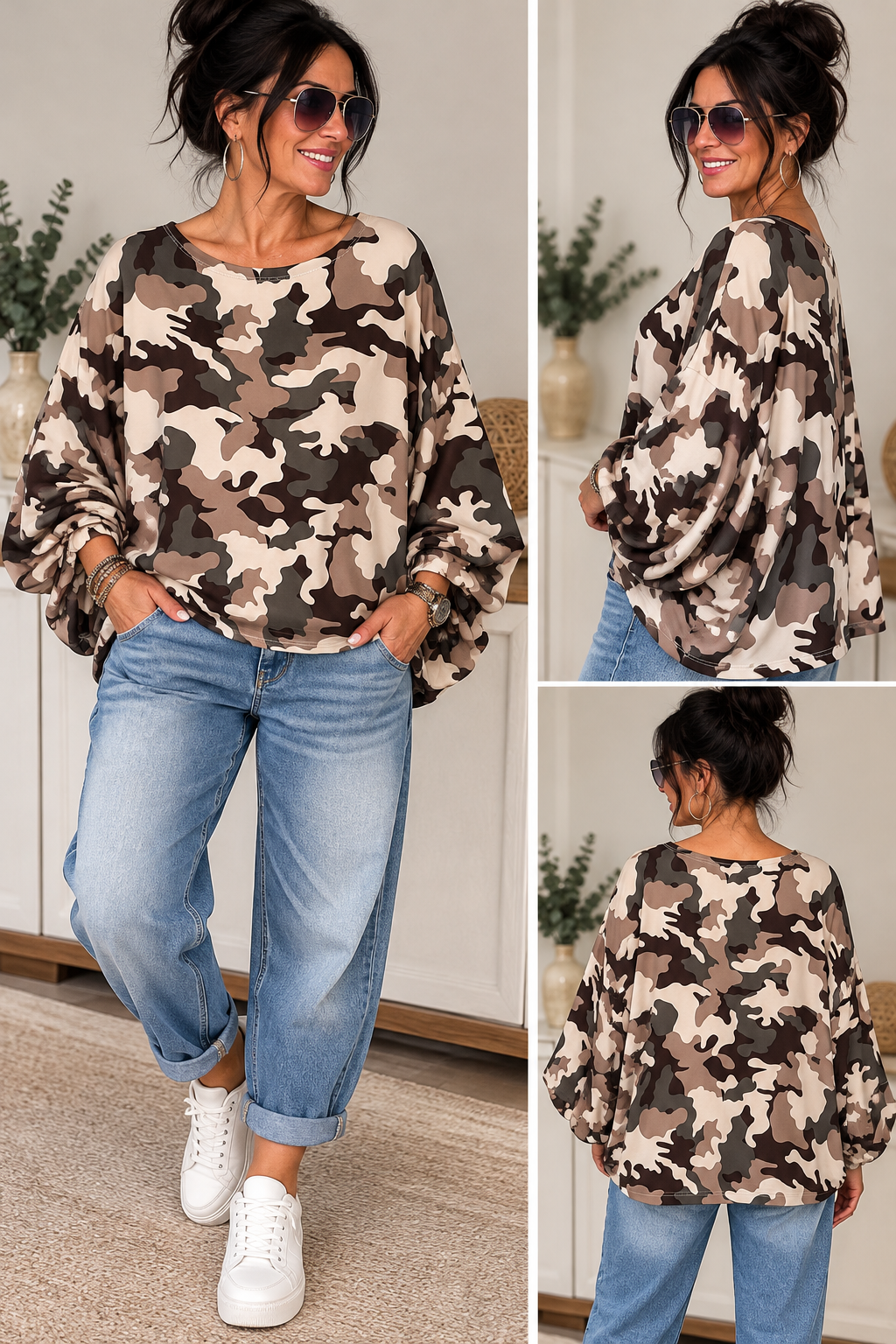 Oversize Oberteil mit voluminösen Ärmeln – Camouflage & Unifarben 💕